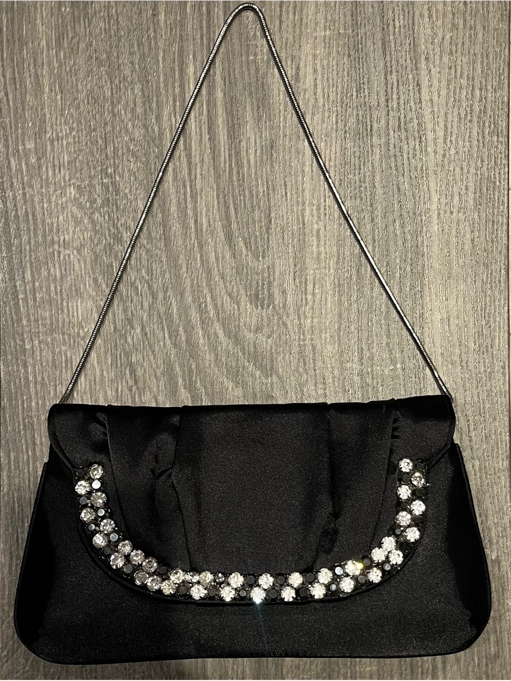 Cache Black Satin Clutch with Crystal Accent